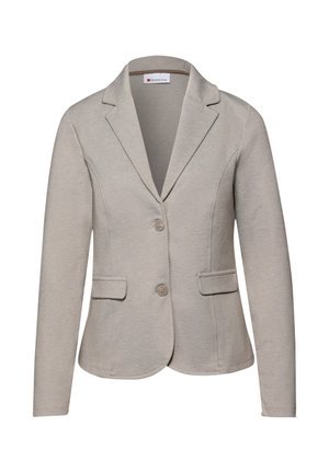 Blazer para mujer de color beige claro con mangas largas, dos botones delanteros, solapa con muesca y dos bolsillos con solapa.