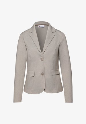 Lysebeige damesblazer med lange ærmer, to forreste knapper, reverskrave med hak og to lommer med klap.