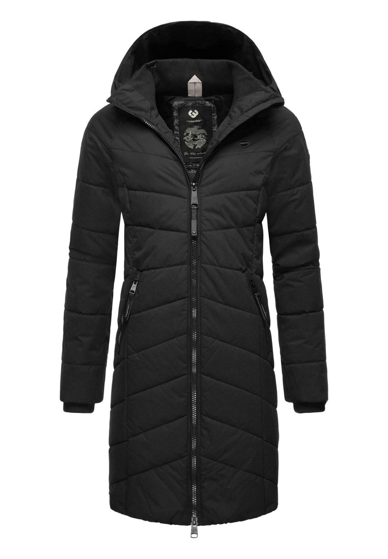 Melna ieliekamā jaka ar kapuci, ar rāvējslēdzēja priekšpusi un diagonālu quilted rakstu. Ietver sānu kabatas un ribotās piedurknes.