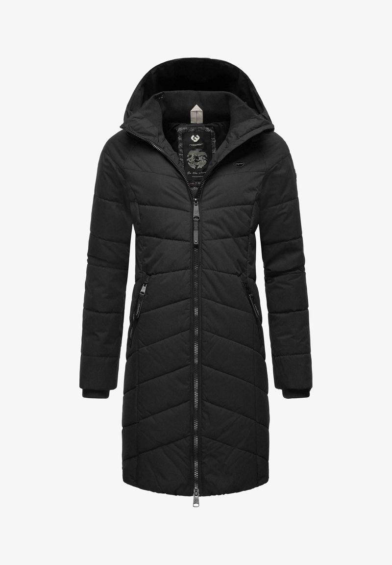 Melna ieliekamā jaka ar kapuci, ar rāvējslēdzēja priekšpusi un diagonālu quilted rakstu. Ietver sānu kabatas un ribotās piedurknes.