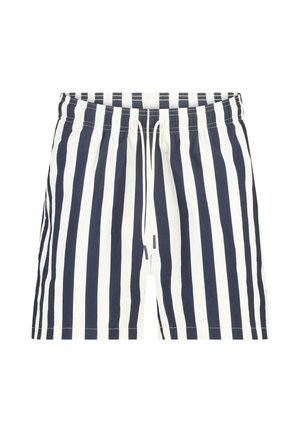 Navyblaue und weiße vertikal gestreifte Badeshorts mit elastischem Bund und weißem Kordelzug.