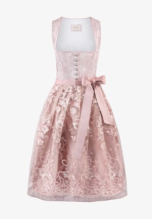 Traditionelles Dirndl in Hellrosa. Verfügt über ein tailliertes Mieder mit Perlenknöpfen, einem voluminösen bestickten Rock und einer Satin-Schleife in der Taille.