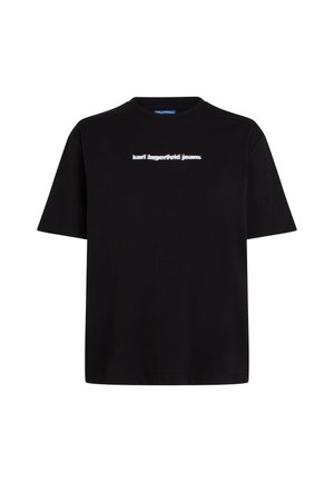 Musta puuvilla t-paita, jossa on lyhyet hihat ja valkoinen tekstilogo "karl lagerfeld jeans" edessä. Pyöreä kaula-aukko.