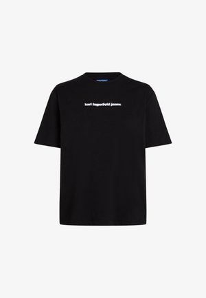 Black cotton t-shirt with short sleeves, featuring a white text logo “karl lagerfeld jeans” on the front. Crew neck design.
