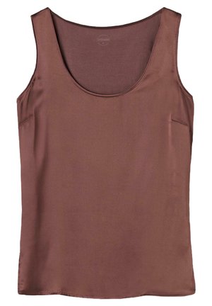 Hihaton ruskea satiinitoppi pyöreällä pääntiellä, sileällä tekstuurilla ja rentolla istuvuudella.