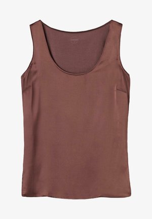 Canottiera senza maniche in raso marrone con scollatura a girocollo, texture liscia e vestibilità comoda.