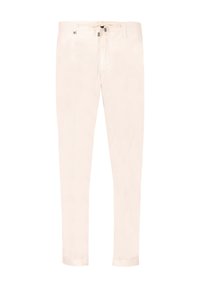 Pantaloni beige chiaro in cotone con design a gamba dritta, vita elastica con cordoncino e chiusura a singolo bottone.