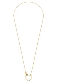 Gold necklace with a thin chain and a heart-shaped pendant. The pendant is a simple outline design, featuring a small accent charm.