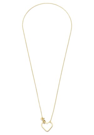 Collier en or avec une fine chaîne et un pendentif en forme de cœur. Le pendentif présente un design en simple contour, avec un petit charme en accent.