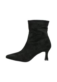 Bota de ante negra hasta el tobillo con punta afilada y tacón medio delgado, diseñada para la moda femenina.