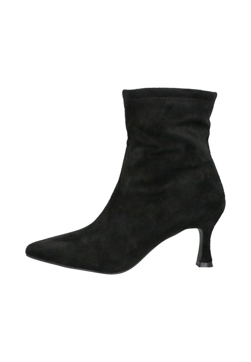 Bota de ante negra hasta el tobillo con punta afilada y tacón medio delgado, diseñada para la moda femenina.