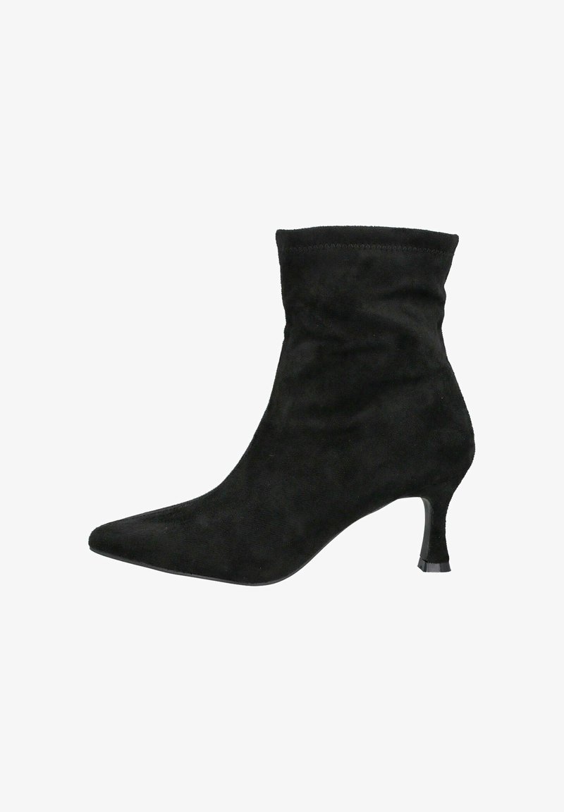 Bota de ante negra hasta el tobillo con punta afilada y tacón medio delgado, diseñada para la moda femenina.