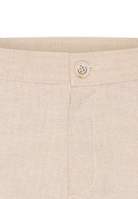 Beige herringbone-patterned trousers featuring a button closure, textured fabric, and a fitted waistband with subtle stitch detailing.