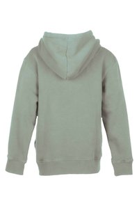Felpa verde chiaro, design a collo alto con un ampio cappuccio, polsini e orlo a costine, texture morbida e senza loghi o motivi visibili.