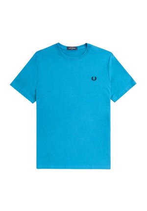 Camiseta de algodón de manga corta de color azul claro, con cuello redondo y un pequeño logo bordado en negro en la parte izquierda del pecho.