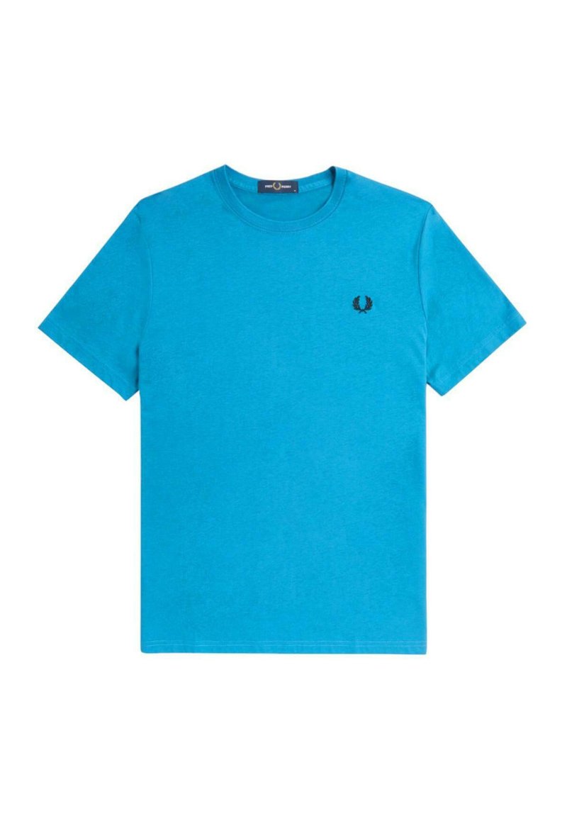 Camiseta de algodón de manga corta de color azul claro, con cuello redondo y un pequeño logo bordado en negro en la parte izquierda del pecho.