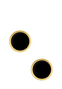 Boucles d'oreilles circulaires dorées avec un centre noir brillant, une texture lisse et un bord de monture finement détaillé.