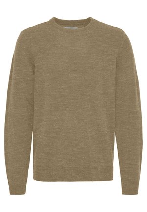 Hellebrauner Pullover mit langen Ärmeln und Rundhalsausschnitt. Hergestellt aus weichem, strukturiertem Strickmaterial, mit gerippten Bündchen und Saum.