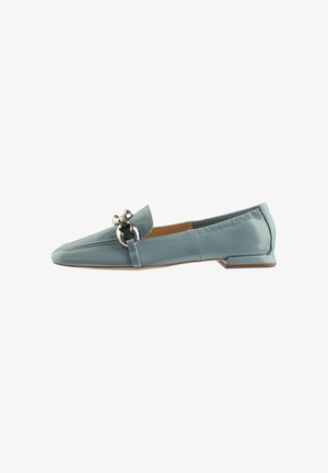 Light blue patent leather flat shoe with a pointed toe, a silver decorative hardware accent, and a small block heel.