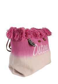 Sac en toile avec un dégradé de rose à blanc. Doté d'un haut en franges roses, brodé "Osttee" et de poignées en cuir brun.