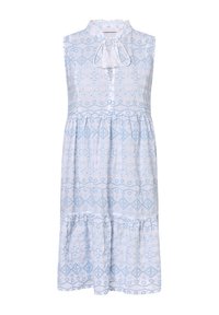 Lichtblauw mouwloos jurkje met een gerimpelde kraag, strikdetail, knopen aan de voorkant en een gelaagde rok met ingewikkelde patronen.