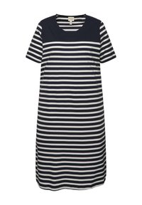 Randig klänning med en marinblå och vit färgschema, korta ärmar och rund halsringning. Tillverkad av ett mjukt, lätt tyg.