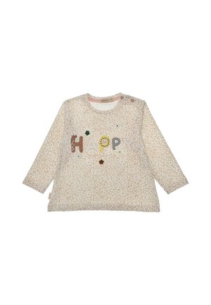 Beiges Langarmshirt für Kleinkinder mit hellbraunen Leopardenflecken und bunten "HAPPY"-Buchstaben auf der Vorderseite mit kleinen Blumenakzenten.