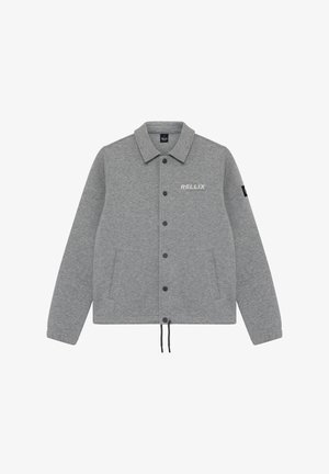 Felpa grigia con collo, chiusura con bottoni a pressione, due tasche laterali e logo stampato sul petto. Dotata di coulisse sull'orlo.