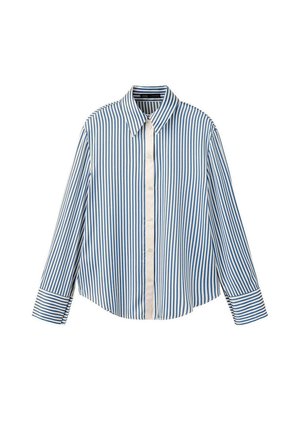 Chemise à manches longues avec boutons, rayures verticales bleues et blanches et col pointu, présentée sur fond blanc.