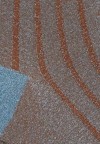 Tessuto texturizzato con un mix di colori marrone e blu, che presenta accenti di filo metallico e linee marroni ondulate su uno sfondo lucido.