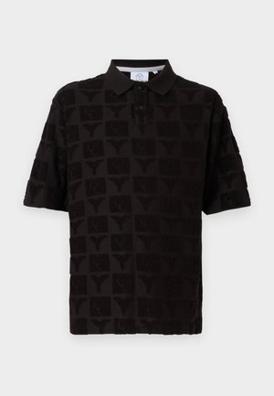 Black polo shirt featuring a textured design with repeated patterns. Button-up collar with a three-button placket and short sleeves.