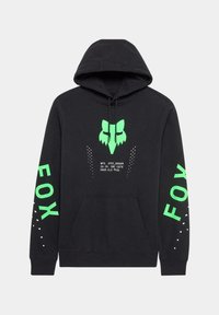 Sudadera con capucha negra con gráficos de logo verdes, gran texto "FOX" en las mangas, bolsillo frontal y detalles de etiqueta impresos.