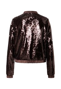Bronze sequin bomber jacket with a ribbed hem and cuffs, featuring shiny, reflective sequins covering the fabric. Flap collar design.