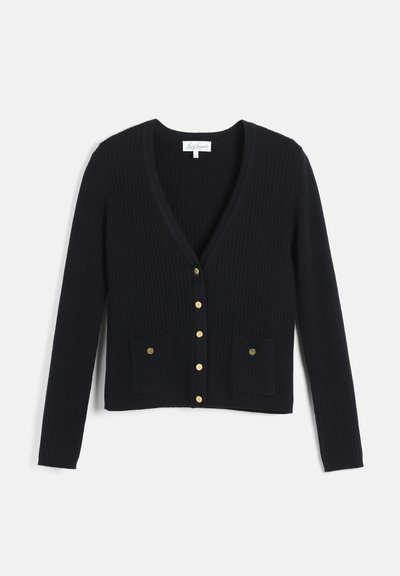 Cardigan en maille côtelée noire avec manches longues, col en V, boutons dorés sur le devant et deux poches avant avec détails de boutons dorés.