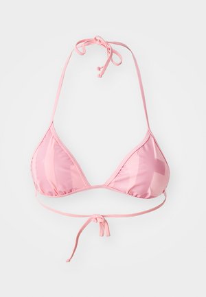 Rosa Bikini-Oberteil mit dreieckigem Design, aus glattem, dehnbarem Stoff. Verfügt über dünne Bänder zur Anpassung und hat einen leichten Glanz.