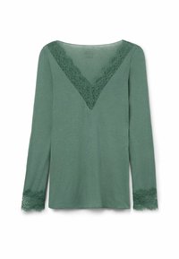 Long-sleeve green top featuring a V-neckline with lace trim and lace accents at the cuffs; soft, textured fabric.