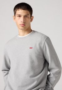 Gray sweatshirt made from soft fabric, featuring a round neck, long sleeves, and a small red Levi's logo on the chest. Smooth texture.