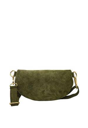 Sac bandoulière demi-lune en daim vert olive avec bandoulière réglable et fermoirs en métal doré.