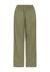 Olivgrüne weite Hose mit elastischem Bund und zwei Gesäßtaschen, die eine glatte Textur und ein minimalistisches Design aufweist.