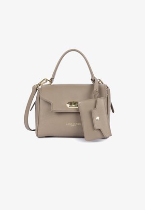 Beige leather handbag with a top handle, detachable shoulder strap, gold hardware, and a matching wallet. Brand name embossed on front.