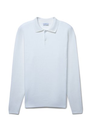 Polo shirt blanc à manches longues avec un col classique, patte de boutonnage à trois boutons et une finition en tissu texturé. Design simple et épuré.