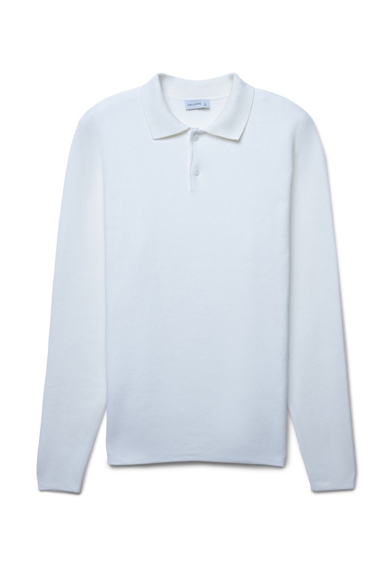 Weißes Langarm-Polohemd mit klassischem Kragen, drei Knöpfen und einer strukturierten Stoffoberfläche. Einfaches, sauberes Design.