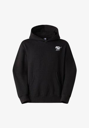 Svart huva tröja gjord av bomullsblandning. Har en framficka och en liten grafik av en skåpbil på vänster bröstområde. Mjuk textur.