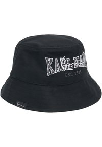 Sort bucket hat lavet af bomuld, med hvid broderet tekst "KARL KANI EST. 1989" på fronten, en struktureret skygge og logoetikette på siden.
