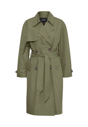 Olijfgroene trenchcoat in katoenmix. Voorzien van een dubbelknopenontwerp, ceintuur in de taille en grote knoopaccenten. Lange mouwen met manchetten.