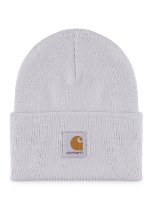 Gorro de punto blanco con un dobladillo. Presenta un parche cuadrado con un logotipo naranja. Textura suave, parte superior sin costuras y grosor medio.