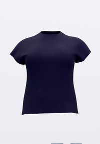 Sötét tengerészkék rövid ujjú, kerek nyakú póló enyhén bővebb szabással, egyszínű világos háttéren bemutatva.
