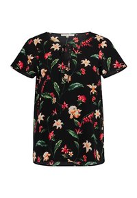 Černá květinová blůza s krátkými rukávy, zdobená kombinací červených, růžových a krémových květin a zeleného listí na hladkém materiálu. Detail s předním vázáním.