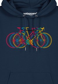 Hoodie bleu marine avec un graphique de trois vélos en rose, jaune et bleu, avec des roues et des guidons détaillés. En mélange de coton.
