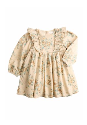 Kremowa sukienka niemowlęca z długim rękawem, w pastelowy kwiatowy wzór, z falbankami na piersi i ramionach, z elastycznymi mankietami na rękawach.